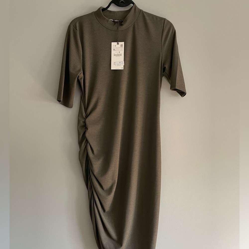 Nwt Zara side ruched dress sz Xl khaki green
